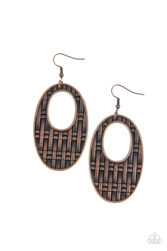 Paparazzi Earring ~ Engraved Edge - Copper Paparazzi Accessories