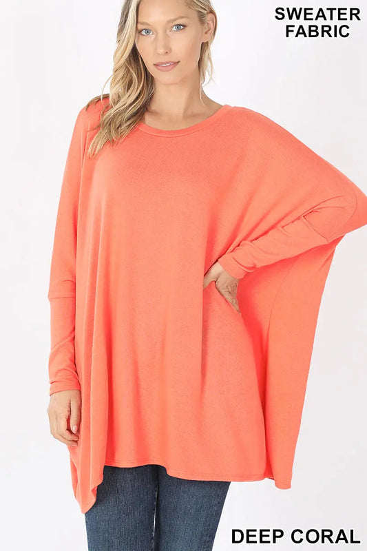 ZENANA SWEATER FABRIC OVERSIZE ROUND NECK PONCHO HT-2555AB  DEEP CORAL Cathy,s new look
