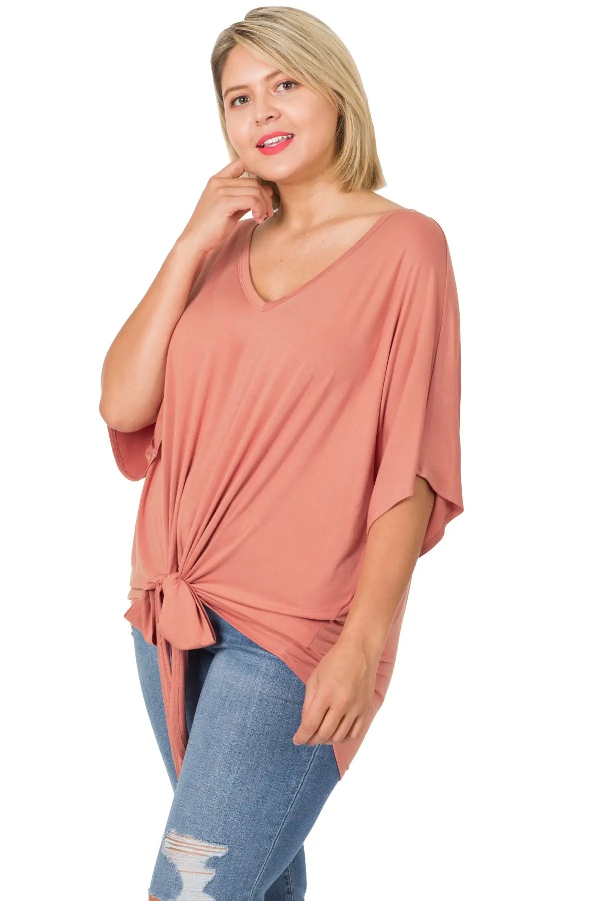 PLUS LUXE RAYON V-NECK TIE FRONT TOP - Cathy,s new look 