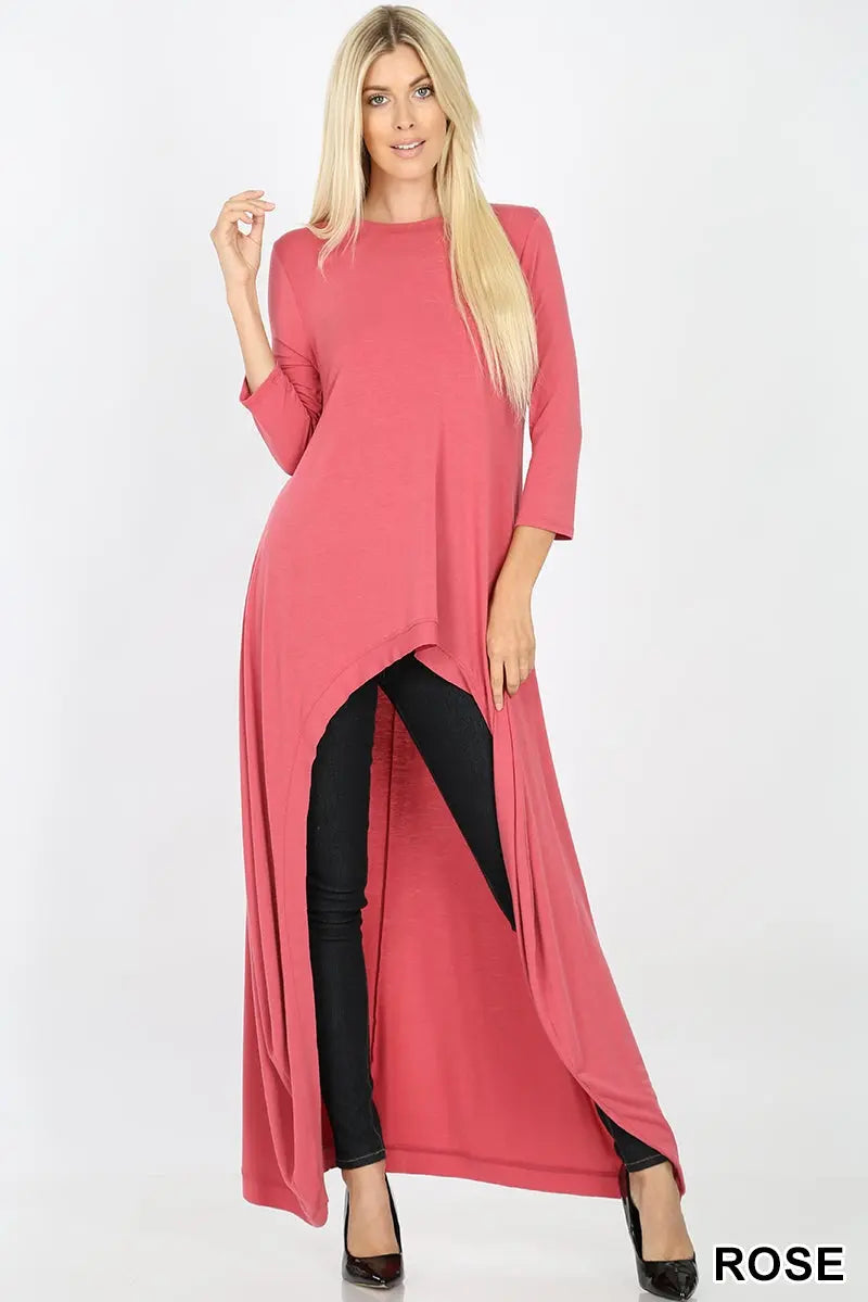 PLUS  SIDE FASHION WOMENS 3/4 SLEEVE SOFT STRETCH KNIT HIGH LOW TUNIC MAXI DRESS TOP BLOUSE - Cathy,s new look 